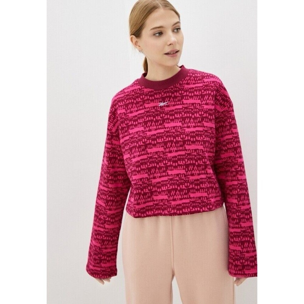 Reebok Women S M Pink Printed Sweatshirt Sweater Cropped Oversized Athleisure